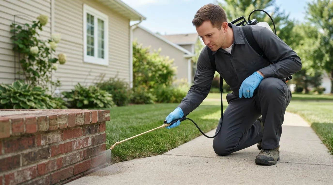 Pest control technician treating a home near Hatfield, MO
