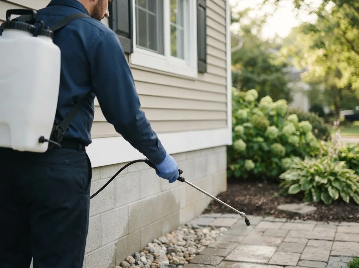 Pest control technician inspecting a home in Hatfield, MO